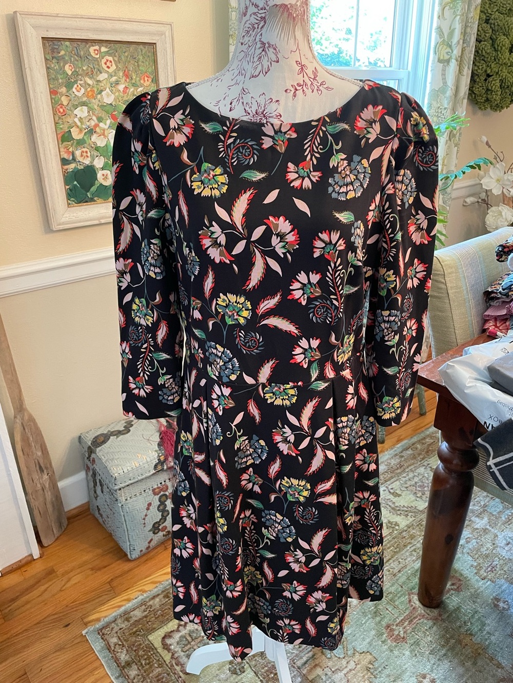 Boden heavier knit lined dress. Floral Black A-Line Dress with Pink & Green
